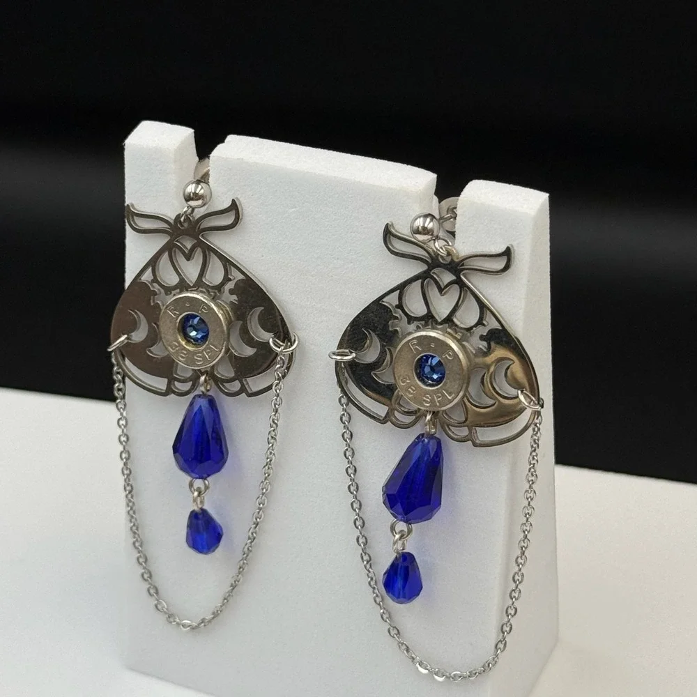 Vintage Womens silver Tone Chain‎ Blue Beaded Fashion Dangle/Drop Earrings